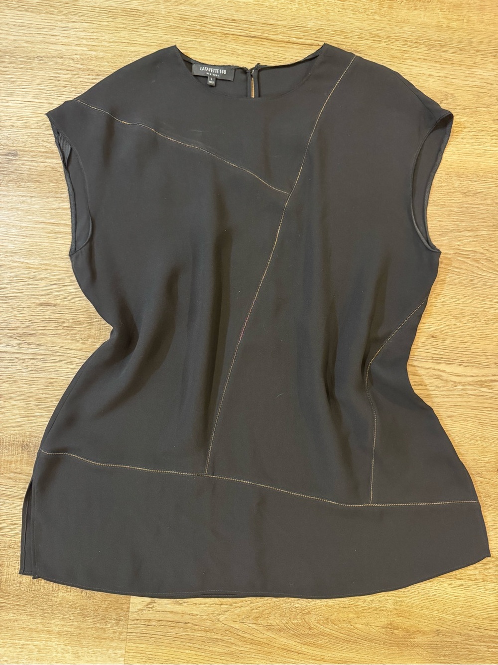 LAFAYETTE 148 | 100% Silk | Asymmetric Black & Gold Metallic Stitch Blouse | L